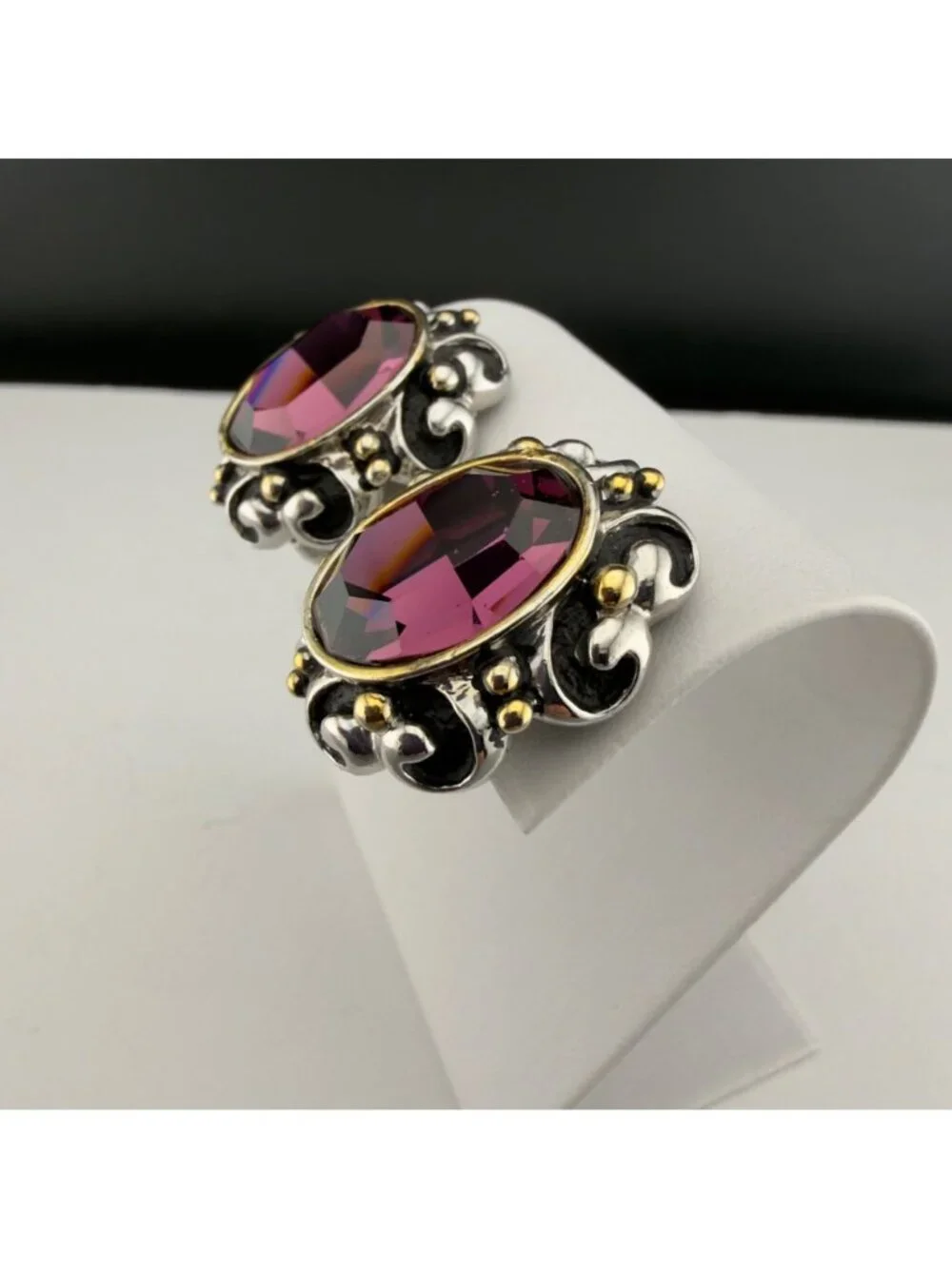 Vintage Clip On Earrings Rhinestone Two Tone Chunky Statement Purple Glass